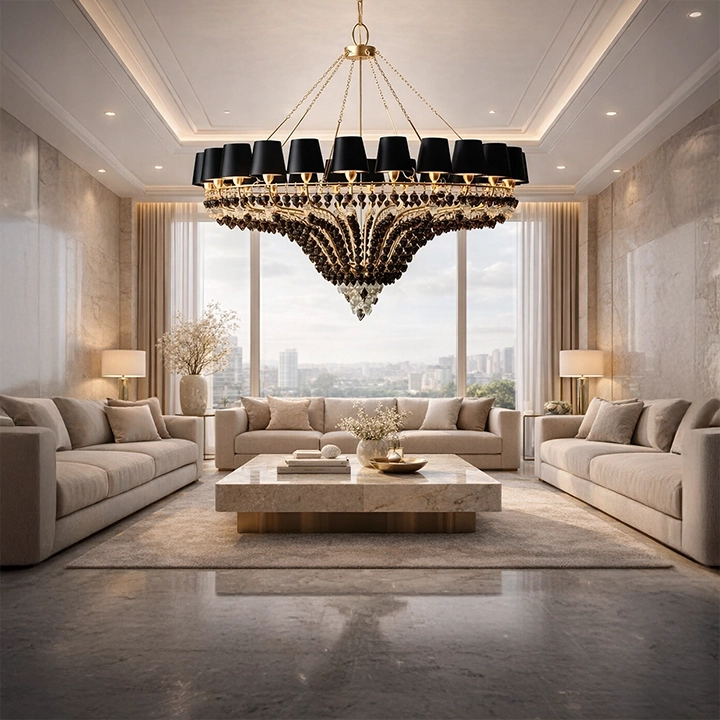 Lustre chandelier moderne noir et cristal