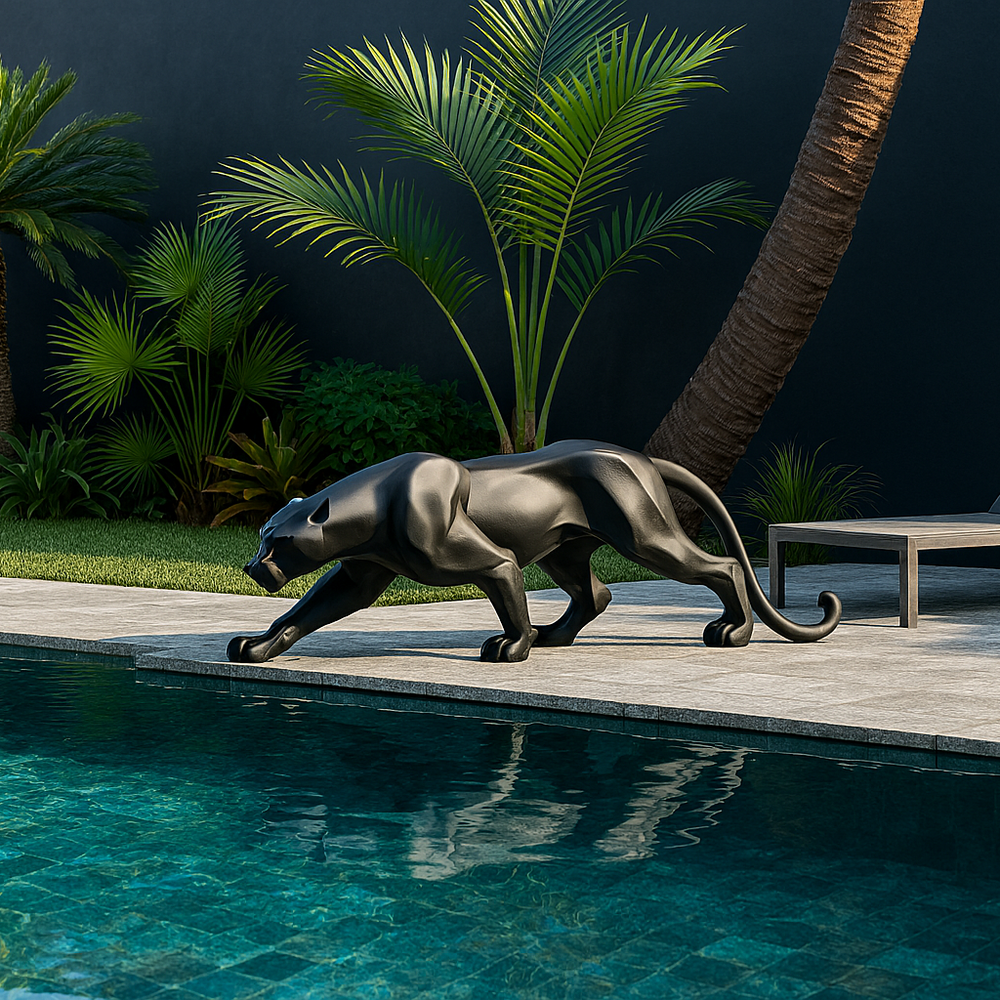 Black panther statue by a pool with palm trees and lounge chair in the background